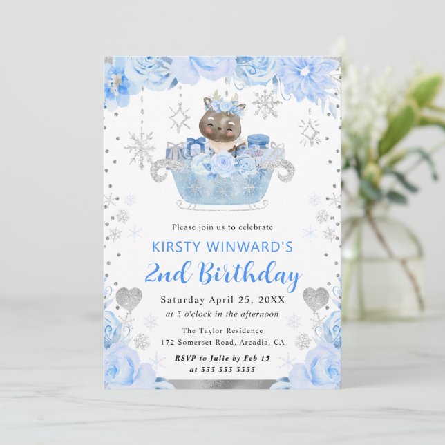 Invitación Floral de reno acuarela 2º cumpleaños (Anverso de pie)