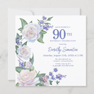Invitación Floral de rosa blanca azul 90ª plaza de cumpleaños