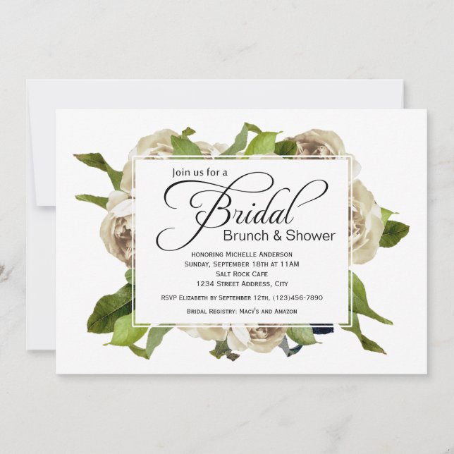 Invitación Floral de rosa blanca ducha de novia (Anverso)