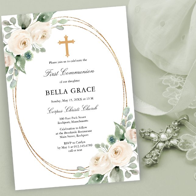 Invitación Floral de rosa blanca, primera comunión sagrada (Subido por el creador)