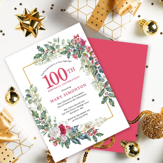 Invitación Floral de rosa blanca roja Holly 100 cumpleaños (Subido por el creador)