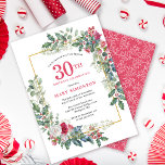 Invitación Floral de rosa blanca roja Holly 30 Fiesta de cump<br><div class="desc">Un marco de vacaciones delicado y festivo contiene rosas rojos y blancos enclavados en hojas de holly y eucalipto. El nombre y el año de cumpleaños del celebrante están escritos en rojo bonito. Perfecto para una fiesta de cumpleaños de invierno. Fácil de personalizar.</div>