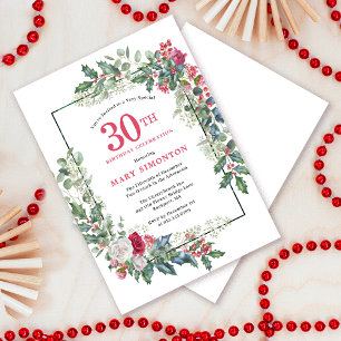 Invitación Floral de rosa blanca roja Holly 30 Fiesta de cump
