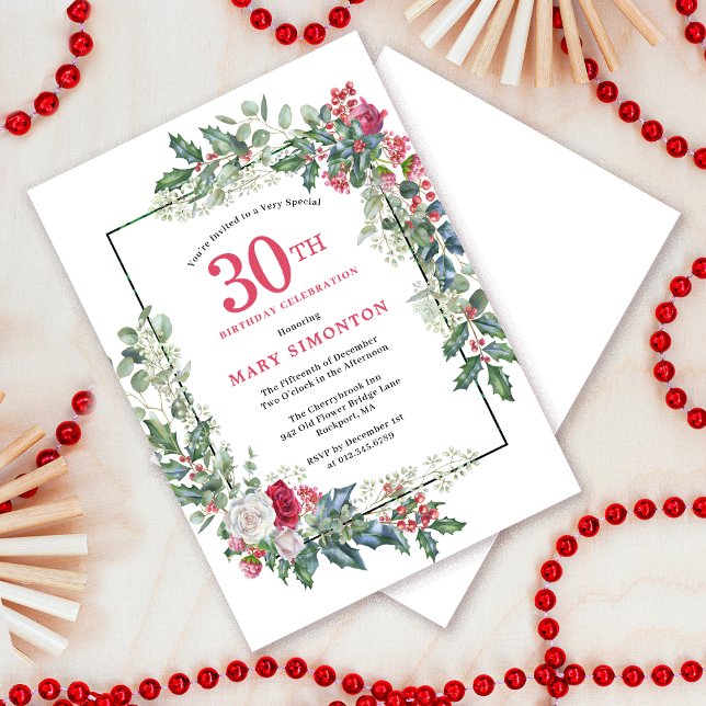 Invitación Floral de rosa blanca roja Holly 30 Fiesta de cump (Need a matching welcome sign? Message me!)