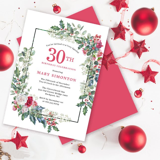 Invitación Floral de rosa blanca roja Holly 30 Fiesta de cump (Need a matching welcome sign. Coordinating party supplies available. Message me!)