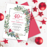 Invitación Floral de rosa blanca roja Holly 40 Fiesta de cump<br><div class="desc">Un marco de vacaciones delicado y festivo contiene rosas rojos y blancos enclavados en hojas de holly y eucalipto. El nombre y el año de cumpleaños del celebrante están escritos en rojo bonito. Perfecto para una fiesta de cumpleaños de invierno. Fácil de personalizar.</div>