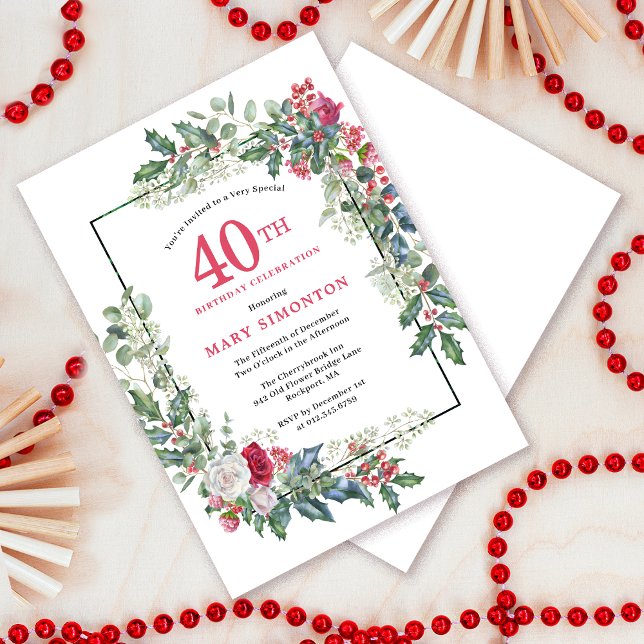 Invitación Floral de rosa blanca roja Holly 40 Fiesta de cump (Need a matching welcome sign? Message me!)