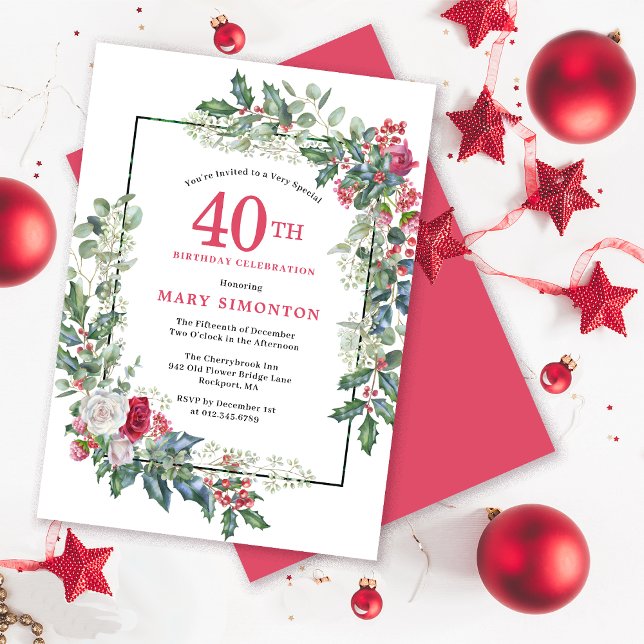 Invitación Floral de rosa blanca roja Holly 40 Fiesta de cump (Subido por el creador)
