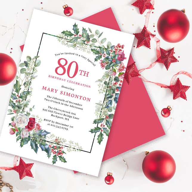 Invitación Floral de rosa blanca roja Holly 80 cumpleaños (Need a matching welcome sign? Party supplies. Message me!)