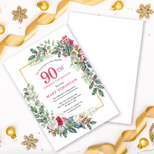 Invitación Floral de rosa blanca roja Holly 90 cumpleaños