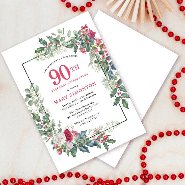 Invitación Floral de rosa blanca roja Holly 90 cumpleaños (Do you need a matching welcome sign? Message me!)