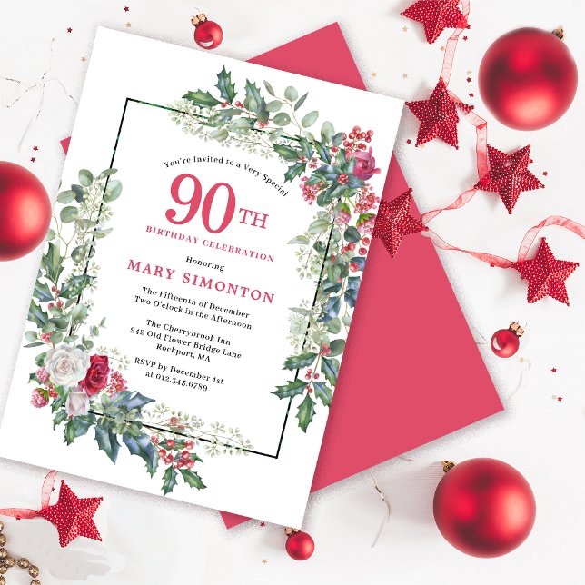 Invitación Floral de rosa blanca roja Holly 90 cumpleaños (Need a matching welcome sign? Coordinating party supplies available. Message me!)