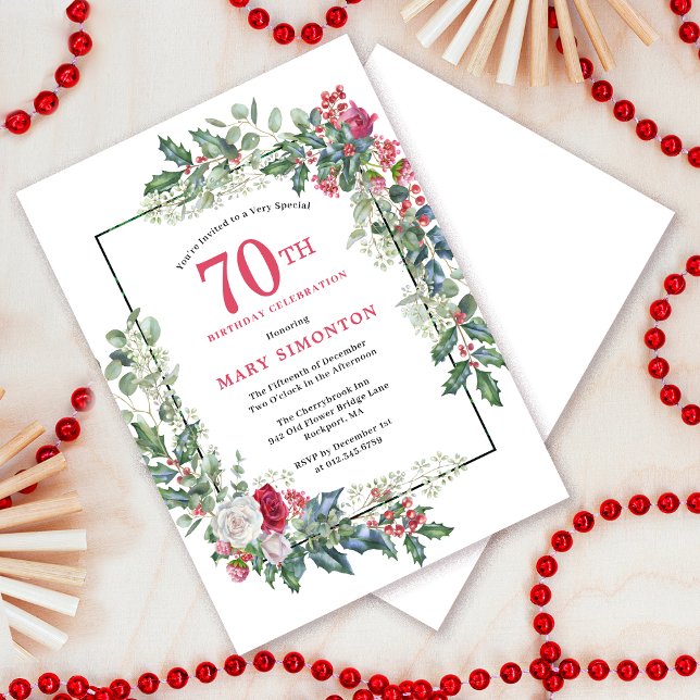 Invitación Floral de rosa blanca roja Holly fiesta de cumplea (Need a matching welcome sign? Message me!)