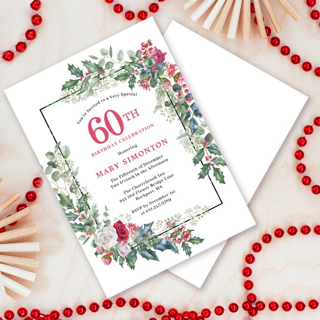 Invitación Floral de rosa blanca roja Holly fiesta de cumplea (Need a matching welcome sign? Message me!)