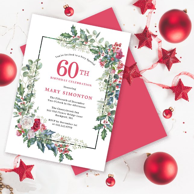Invitación Floral de rosa blanca roja Holly fiesta de cumplea (Need a matching welcome sign? Coordinating party supplies. Message me!)