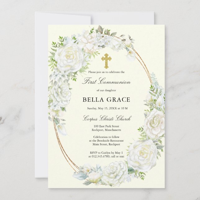 Invitación Floral de rosa blanca rusa primera comunión sagrad (Anverso)