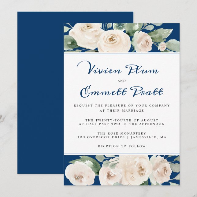 Invitación Floral de rosa blanca sobre Boda azul de la marina (Anverso / Reverso)