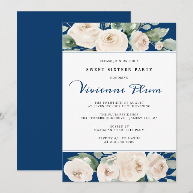Invitación Floral de rosa blanca sobre dulce azul de la marin (Anverso / Reverso)