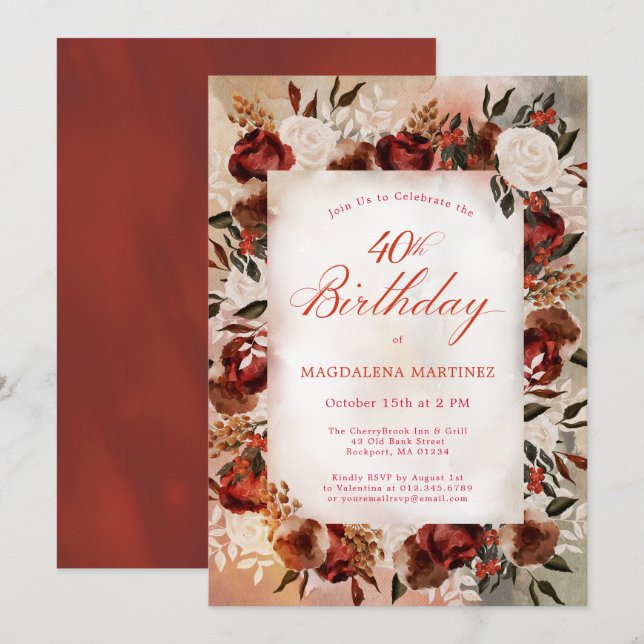 Invitación Floral de rosa blanco borgoñona 40 cumpleaños (Anverso / Reverso)