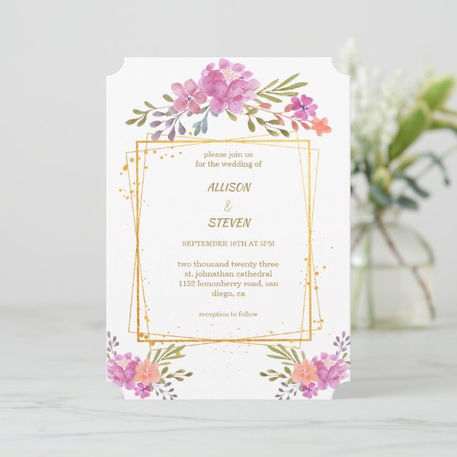 invitación Floral de Rosa con marco geométrico (Anverso de pie)