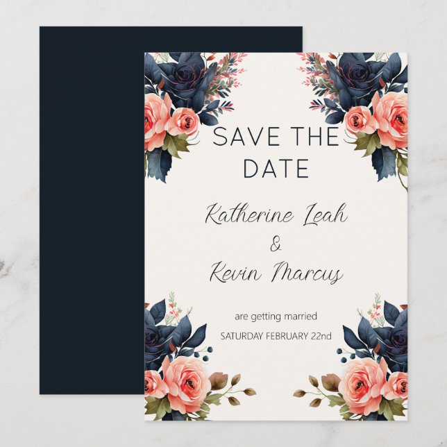 Invitación Floral de Rosa con polvo azul de la marina salva a (Anverso / Reverso)