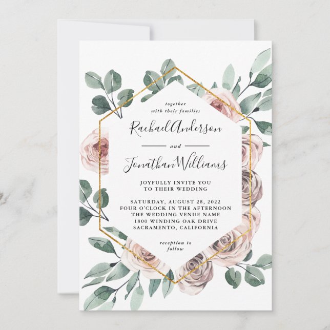 Invitación Floral de Rosa de Rubor Boho con marco geométrico (Anverso)