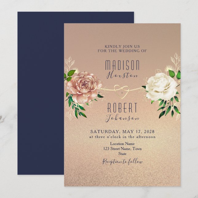 Invitación floral de rosa oro azul marino (Anverso / Reverso)