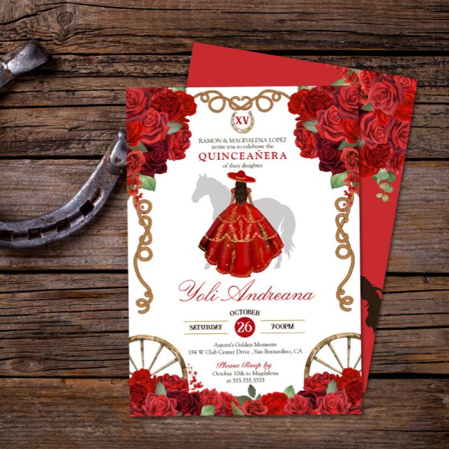 Invitación Floral de Rosa Roja Charro Occidental Quinceañera (Subido por el creador)