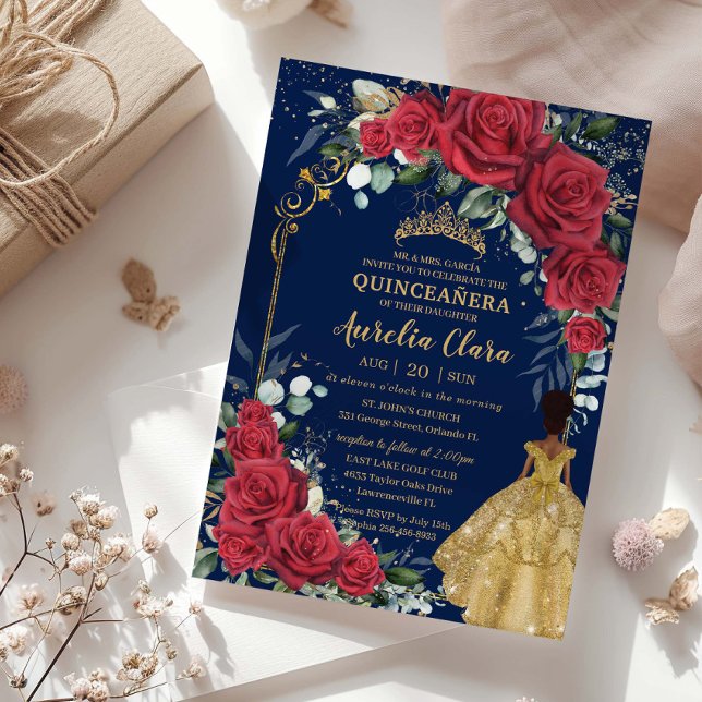 Invitación Floral de rosa roja encantada Black Brown Quinceañ (Subido por el creador)