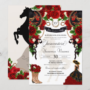 Invitación Floral de rosa roja Mariachi Charro Quinceanera