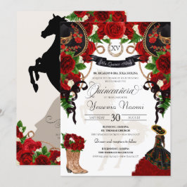 Invitación Floral de rosa roja Mariachi Charro Quinceanera