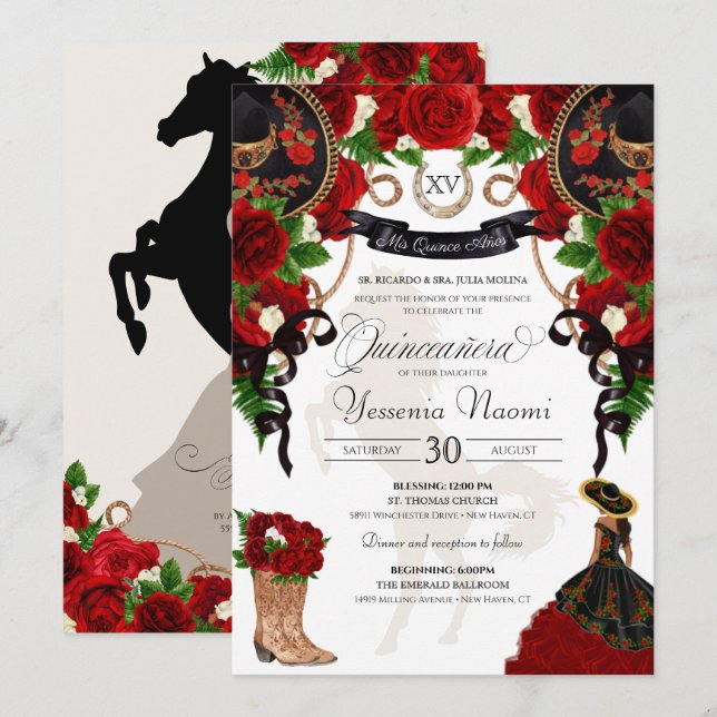 Invitación Floral de rosa roja Mariachi Charro Quinceanera In (Anverso / Reverso)