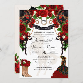 Invitación Floral de rosa roja Mariachi Charro Quinceanera In