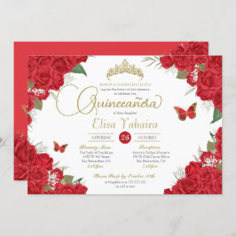 Invitación Floral de rosa rojo y mariposas Quinceanera