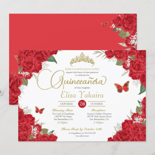 Invitación Floral de rosa rojo y mariposas Quinceanera
