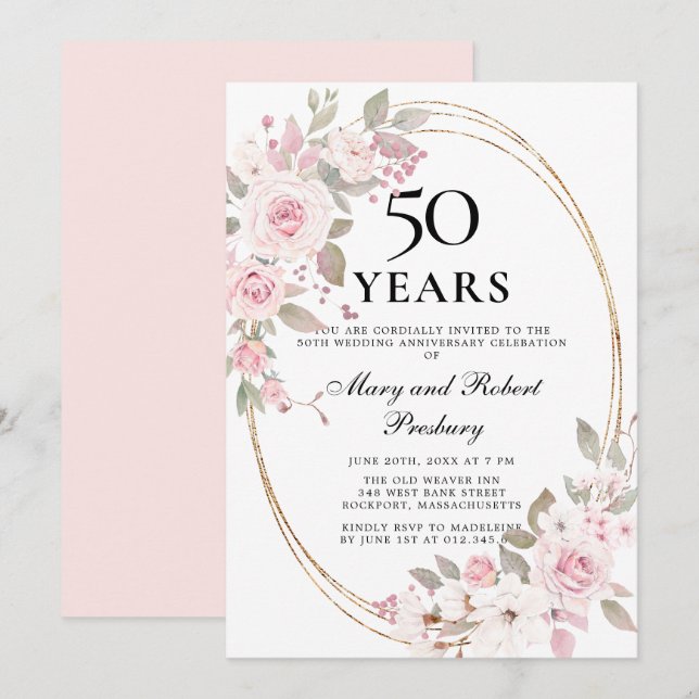 Invitación floral de rosa rosa elegante 50 anivers (Anverso / Reverso)