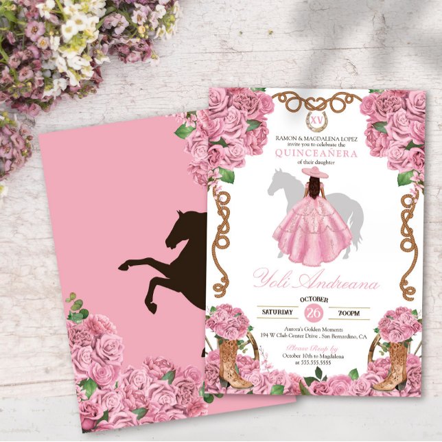 Invitación Floral de rosa rosa para bebé Charra Occidental Qu (Subido por el creador)