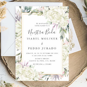 Invitación Floral de rosas blancas Nuestra Boda Boda española