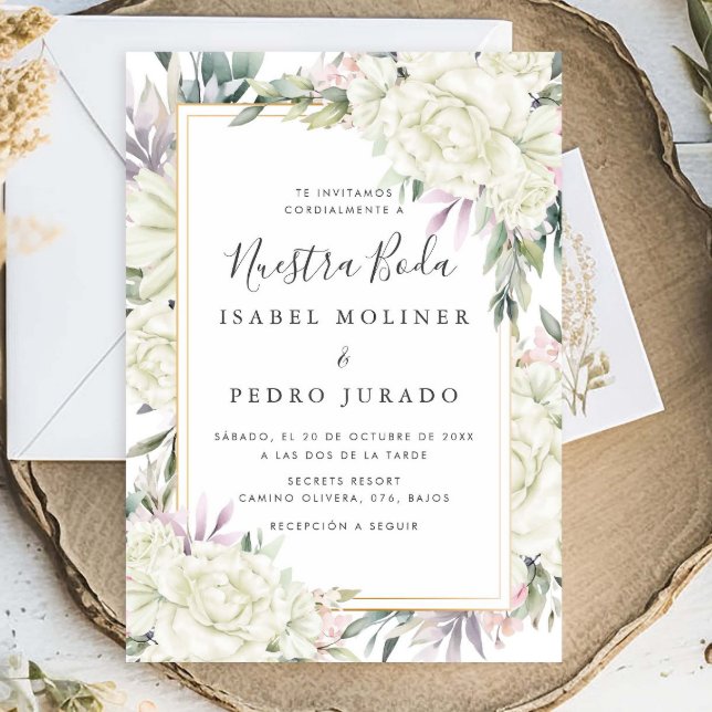 Invitación Floral de rosas blancas Nuestra Boda Boda española (Subido por el creador)