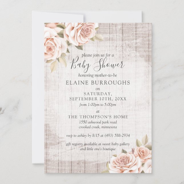 Invitación Floral de Rosas Chic Rusos de Madera y Shabby Baby (Anverso)