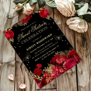 Invitación Floral de Rosas Rojas y Doradas para Cu