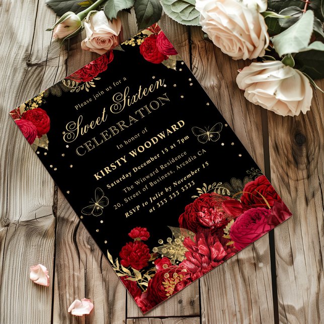 Invitación Floral de Rosas Rojas y Doradas para Cu (Subido por el creador)