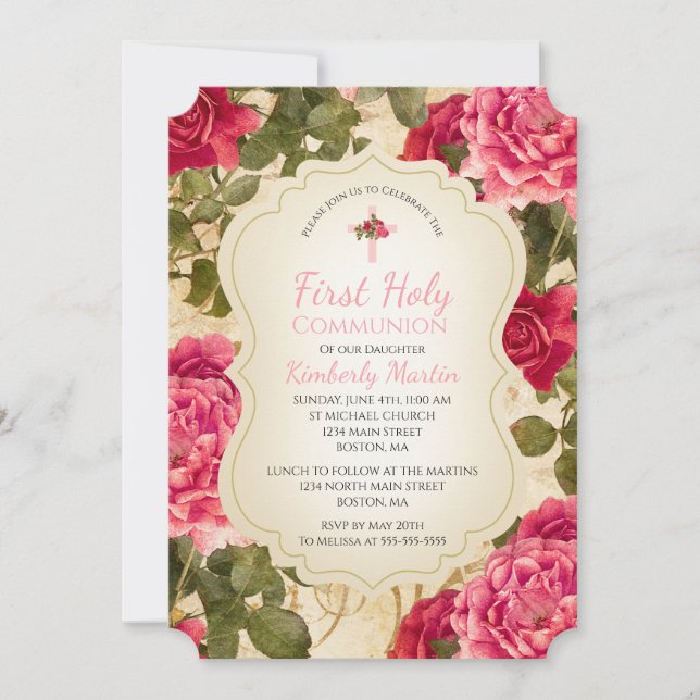 Invitación Floral de rosas rosa rosadas de la primera comunió (Anverso)