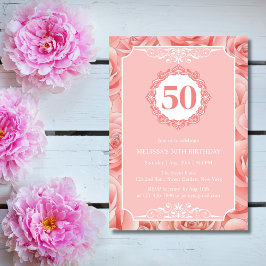 Invitación Floral de rosas rosadas 50 cumpleaños