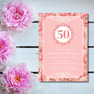 Invitación Floral de rosas rosadas 50 cumpleaños