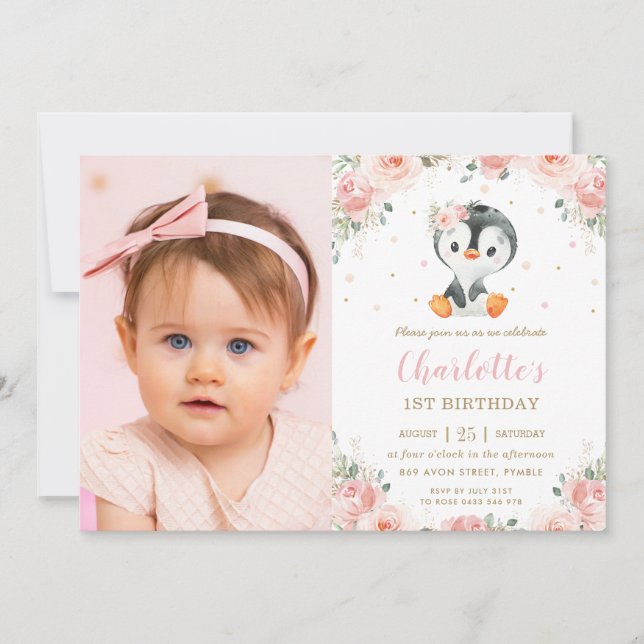 Invitación Floral de Rubor Adorable Penguin 1º cumpleaños (Anverso)