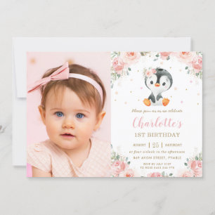 Invitación Floral de Rubor Adorable Penguin 1º cumpleaños