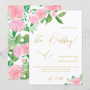 Invitación Floral de Rubor con Boda de caligrafía de oro fals