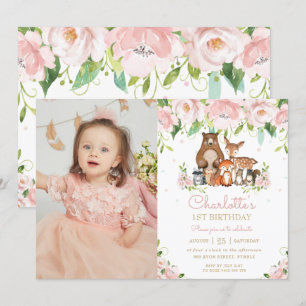 Invitación Floral de Rubor de Woodland Animals Foto de cumple