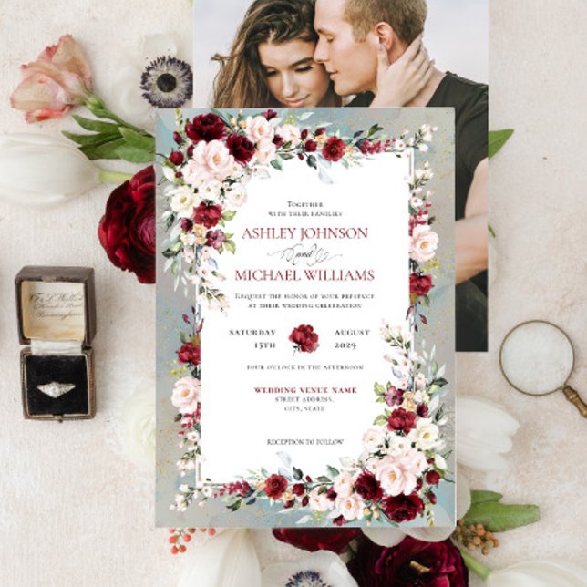 Invitación Floral de Rubor Dusty Blue Burgundy (Subido por el creador)